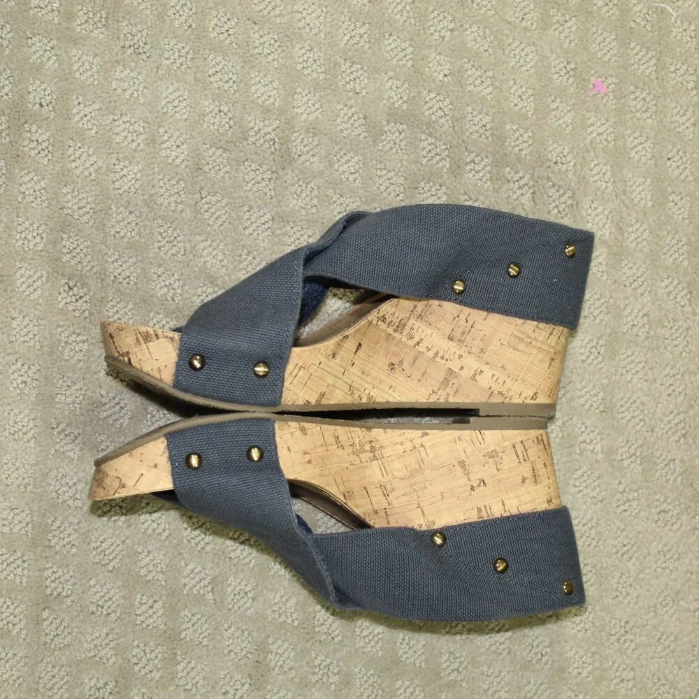 Esprit Wm Sz 10 Wide Blue X-Strap Elastic Studded Cork Wedge Platform Heels